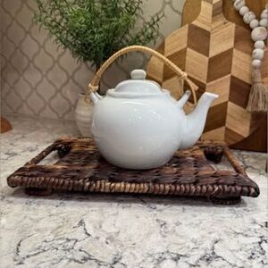 White Teapot with Bamboo Handle and Tray
